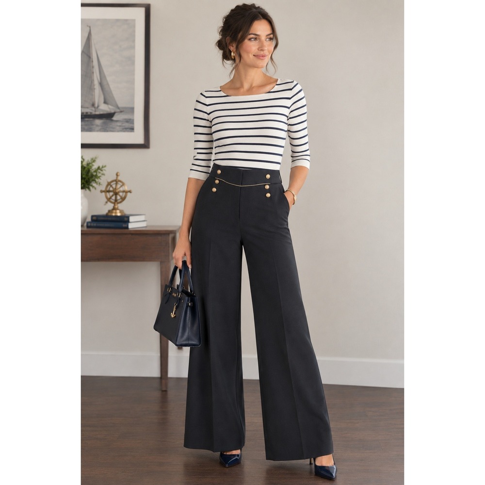 Vintage Cache Sailor Pants Womens Size 12 Wide Leg Mid Rise Nautical USA Made
